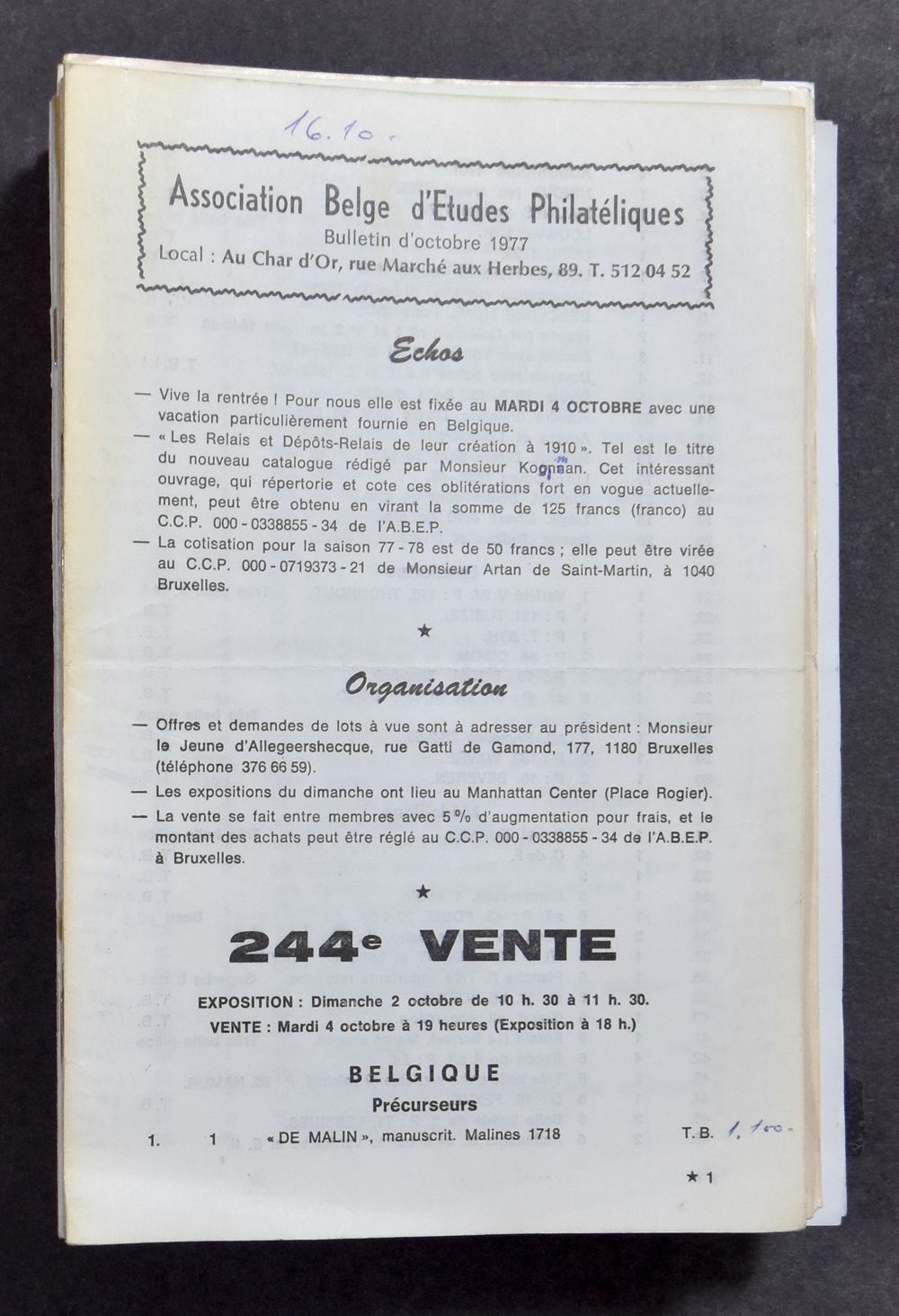 Samenstelling van 87 bulletins, w.o. jaren '77 t.e.m. '90, door Association Belge d'études philatéliques, zie foto op website