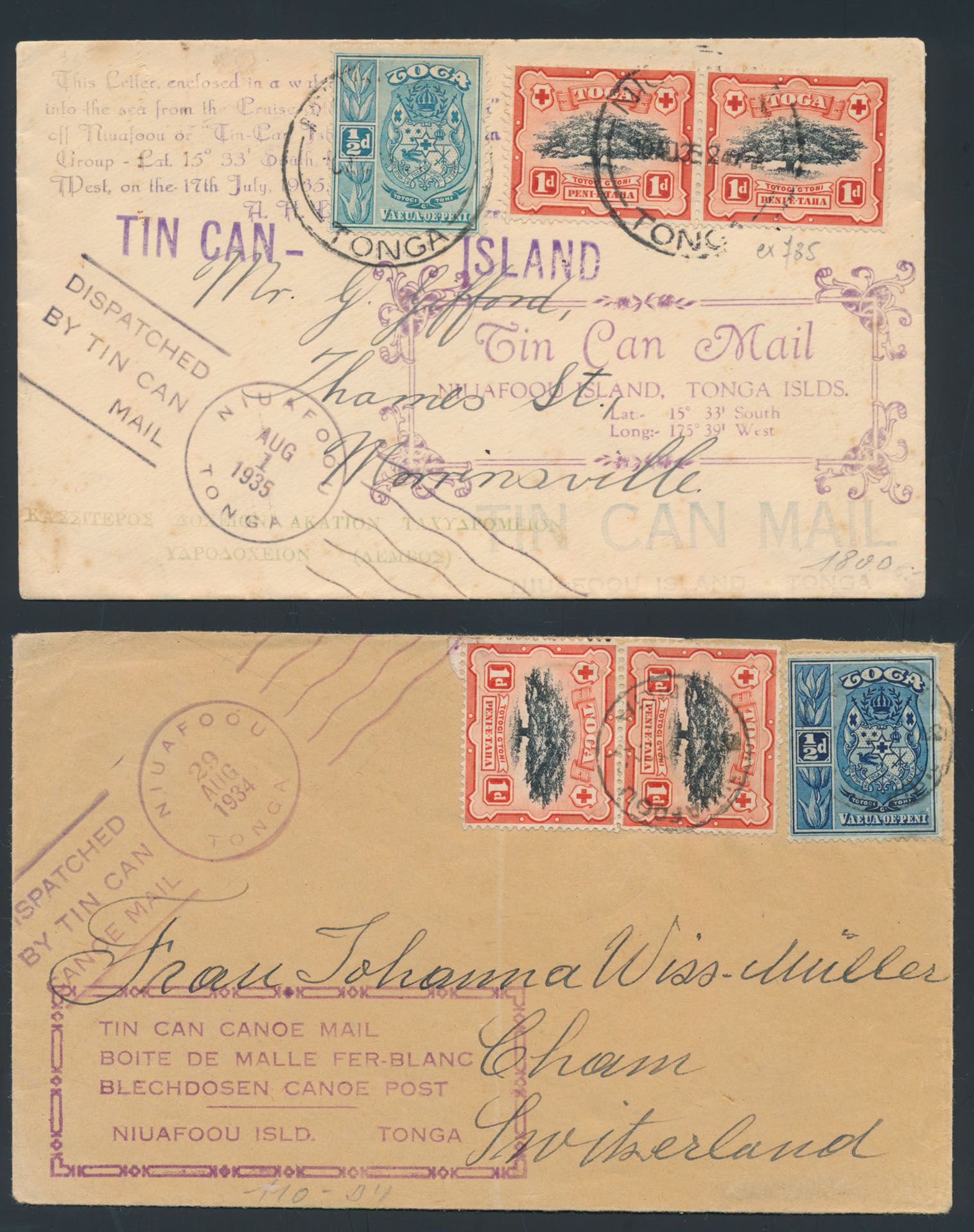 1934/1935, 2 Tin can canoe mail, brieven vanaf Niuafou Island, zm.