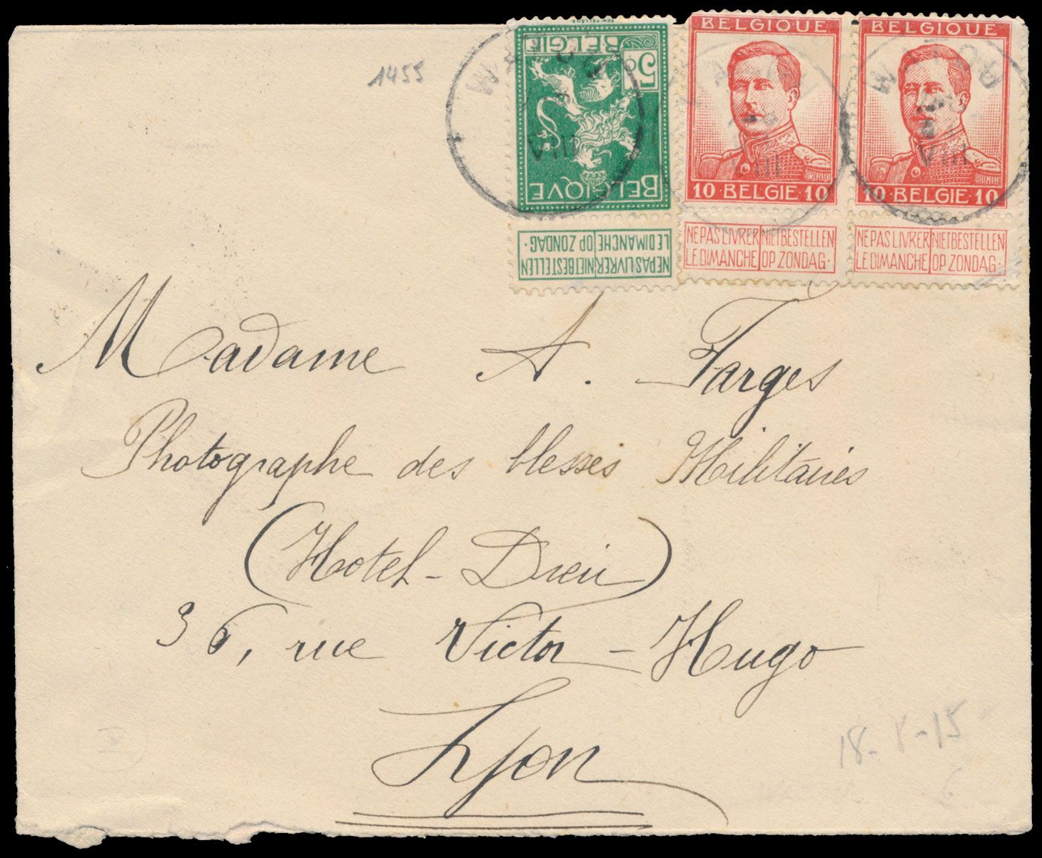 1915 N° 110 en N° 118 (tweemaal) op enveloppe, afgestempeld WATOU (T2R), dd. 18 augustus 1915, naar Lyon, geaddresseerde is Madame A. Farges, 