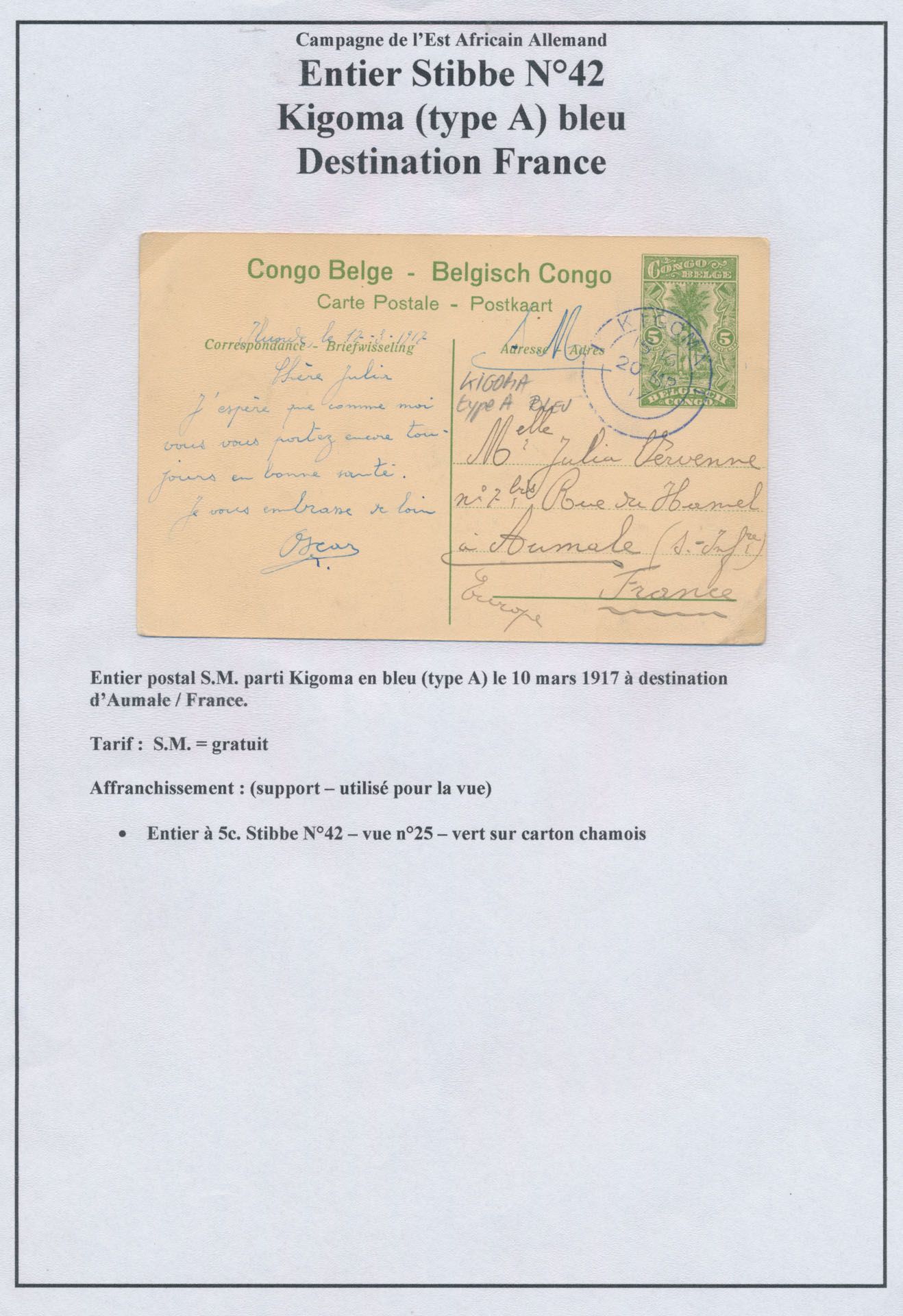 1917/1918, postal stationery Stibbe 42 with KIGOMA cancellation on type A in blue and type B in black, vf