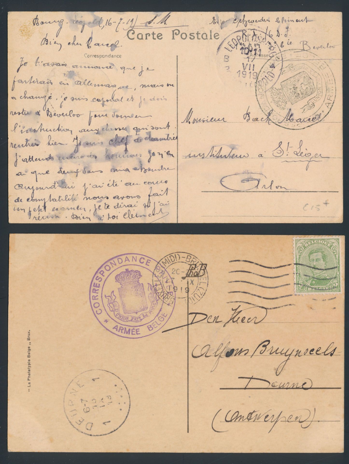 1919, 2 zichtkaarten met 'Correspondance privée Armée Belge' rondstempels (in zwart en blauw) verstuurd uit Brussel en Bourg- Leopold, zm.