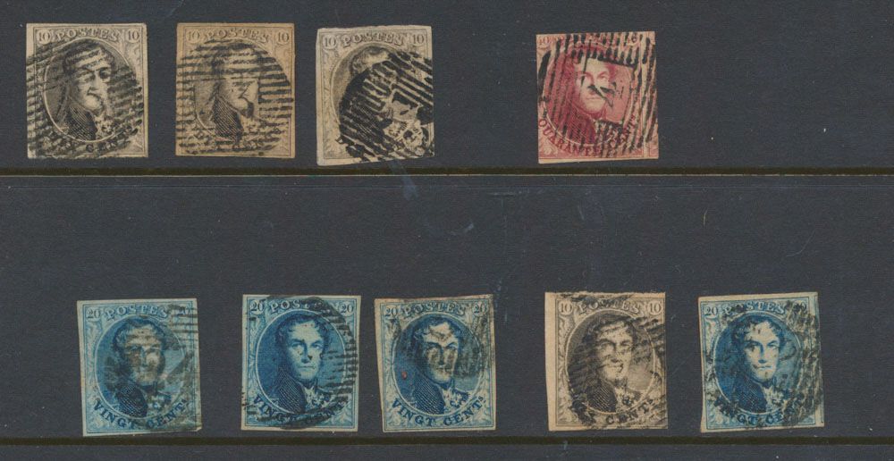Lot de médaillons non rognés, dont le n° 5 (non plein bord mais avec grand voisin de droite), n° 6 (4x), 7 (3x) et 11, deux avec oblitération P.43-Fosses (àv), zm/m/n/ntz.