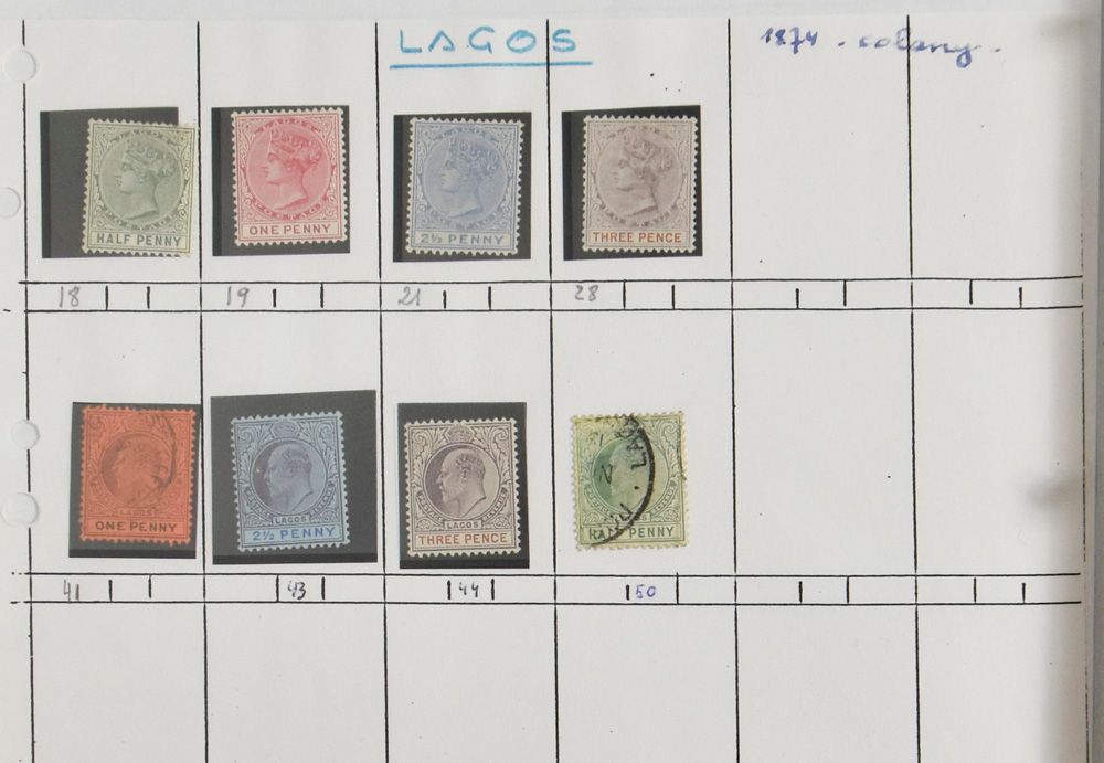 Collection dans un classeur d'époque (Lagos a.o.) comprenant de nombreux timbres d'usage de différents types, également non dentelés, Biafra, zm/m/ntz