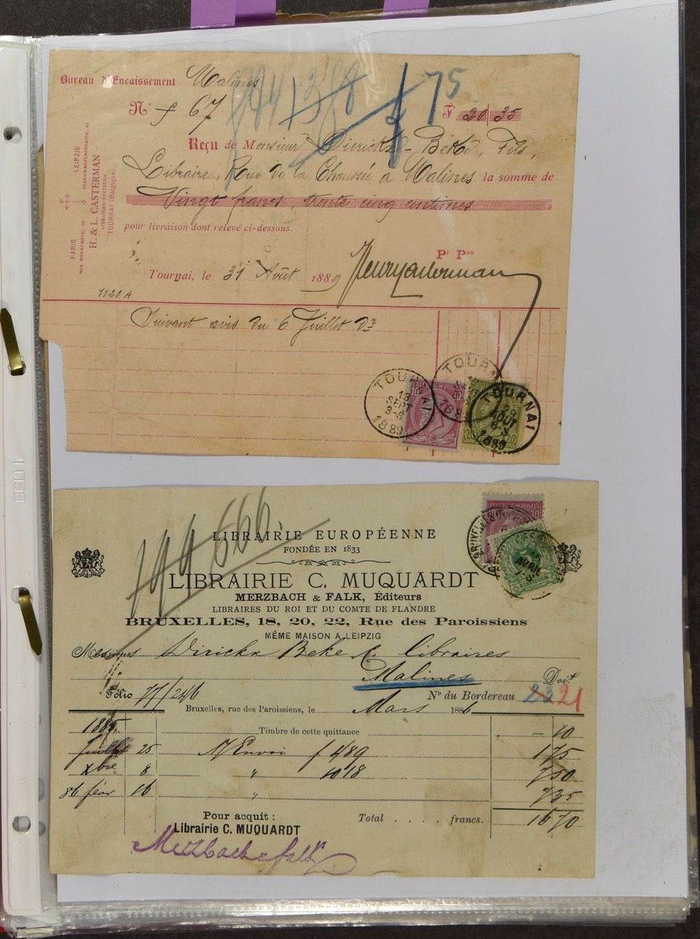 1880/1946 Samenstelling 128 ontvangstbewijzen, gefrankeerd met diverse uitgiften, o.a. n° 30, n° 46, fijne baard, grove baard, fiscale zegels, zm/m