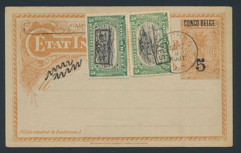 Postal stationery Stibbe #31 TT reply card with BOMA CARTE INCOMPLETE overprint, with two 5c vert Mols Bilingual 1915 issue with boxed 