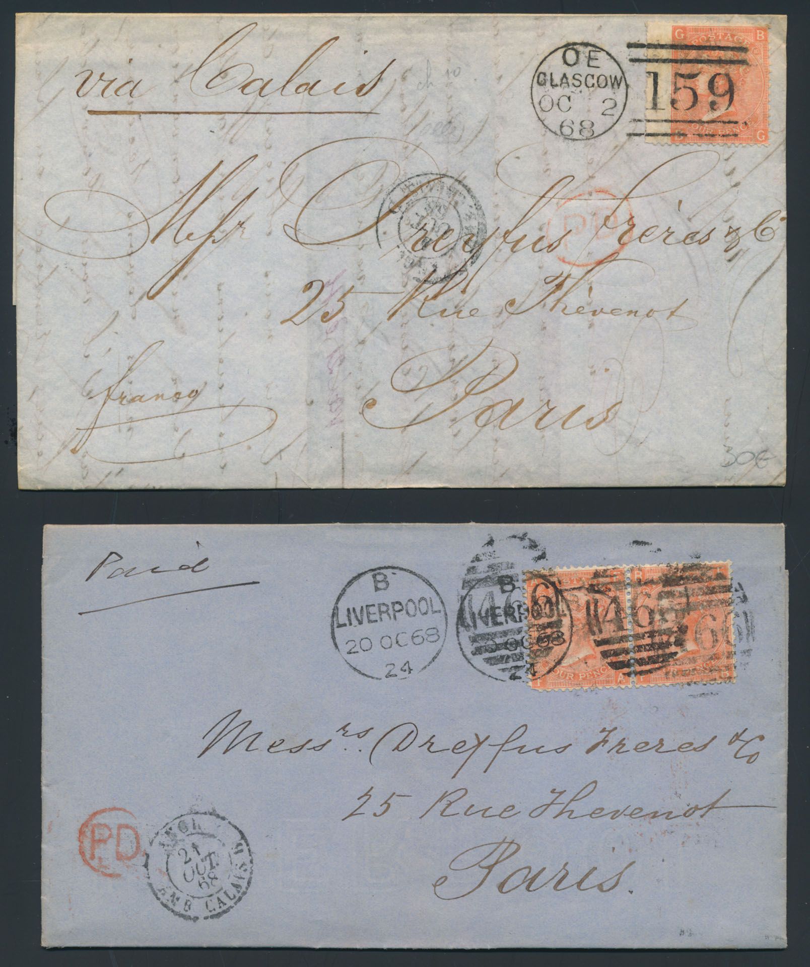 1868/1869, 17 brieven naar Parijs vanuit Glasgow, Manchester e.a., alle gefrankeerd met S.G. 94 