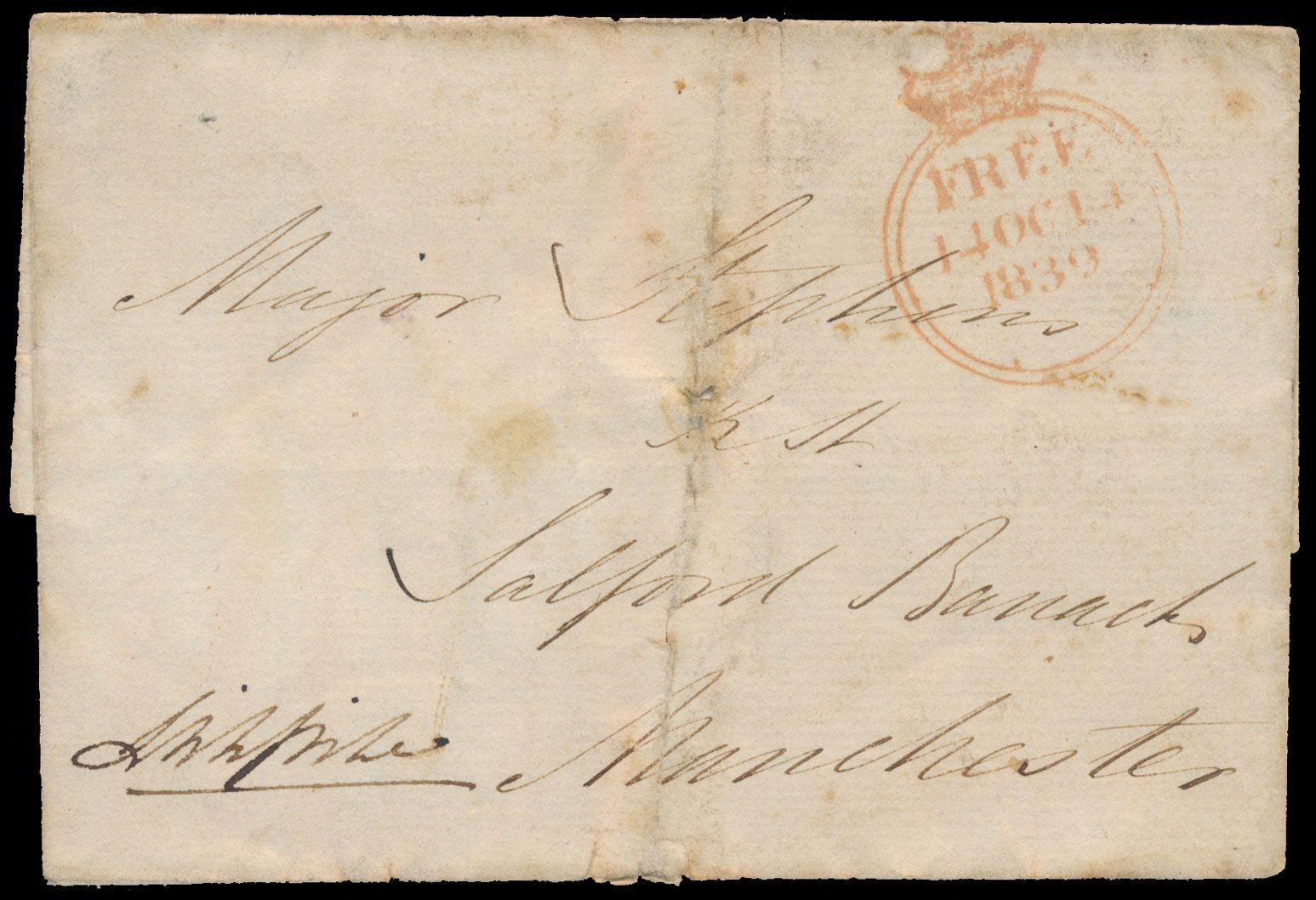 1839 Voorloper Engeland zonder inhoud, met de 'FREE STAMP' mark. De brief is geadresseerd aan Major Stephens, Salford Baracks in Manchester. Deze markering werd aangebracht om de portvrijheid aan te duiden. Verschillende types zijn bekend, maar deze heeft maar een korte periode gelopen (10.10.1839 en 24.10.1839), zonder kruis in de stempel en tevens het laatste jaar voordat de postzegel werd uitgebracht. (Penny Black). Beschreven in The History of the Early Postmarks of the British Isles to 1840 - John Hendy (1905), pagina 35-39. Zeldzaam, m/ntz