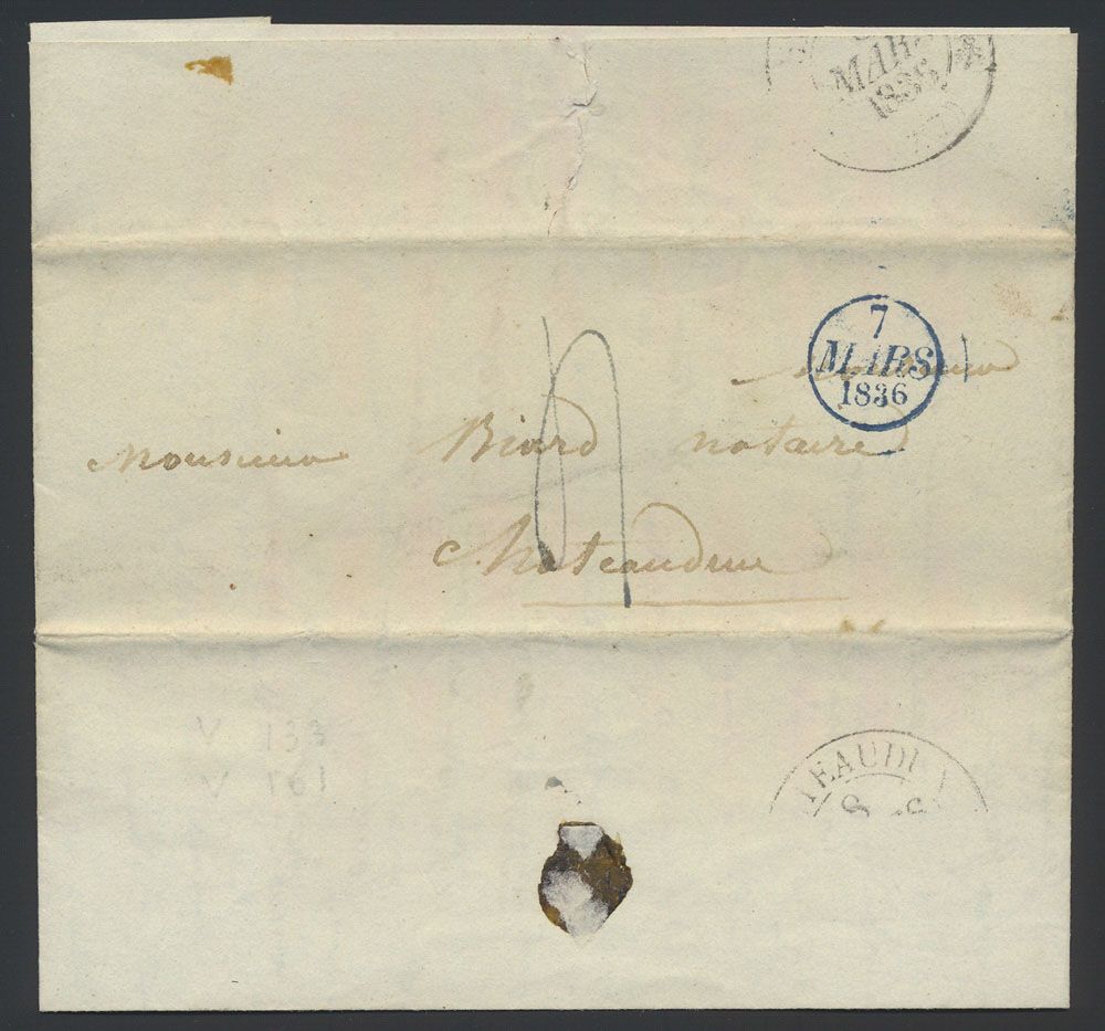 1836 Voorloper met inhoud, vanuit Châteaudun (Frankrijk), dd. 7 mars 1836 in blauwe cirkel, naar Amsterdam, port 4 deciemen, zm 