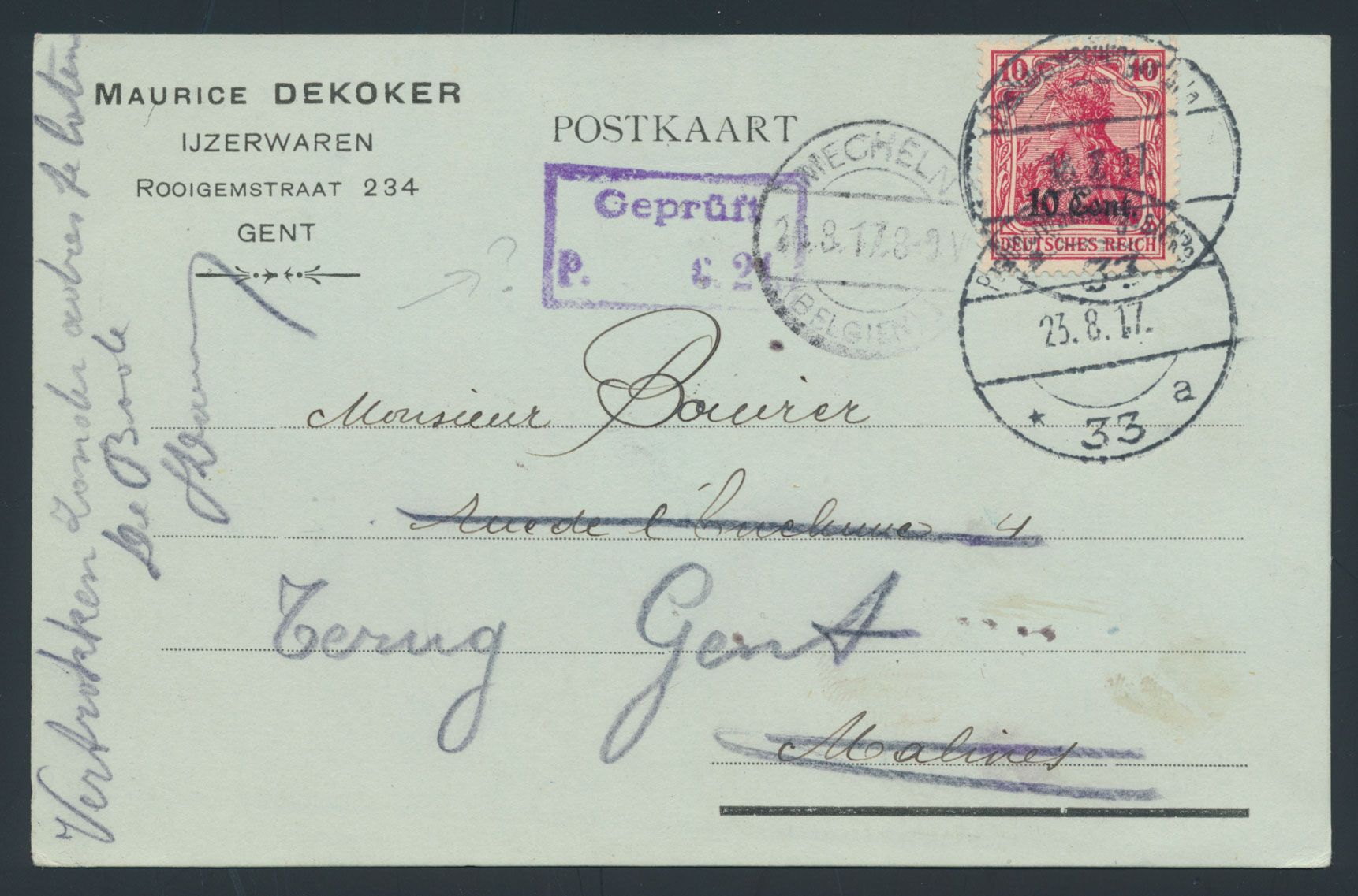 1917 Postkaart verstuurd uit Gent (10/8/17) naar Mechelen, censuur, gefrankeerd met Germania met 