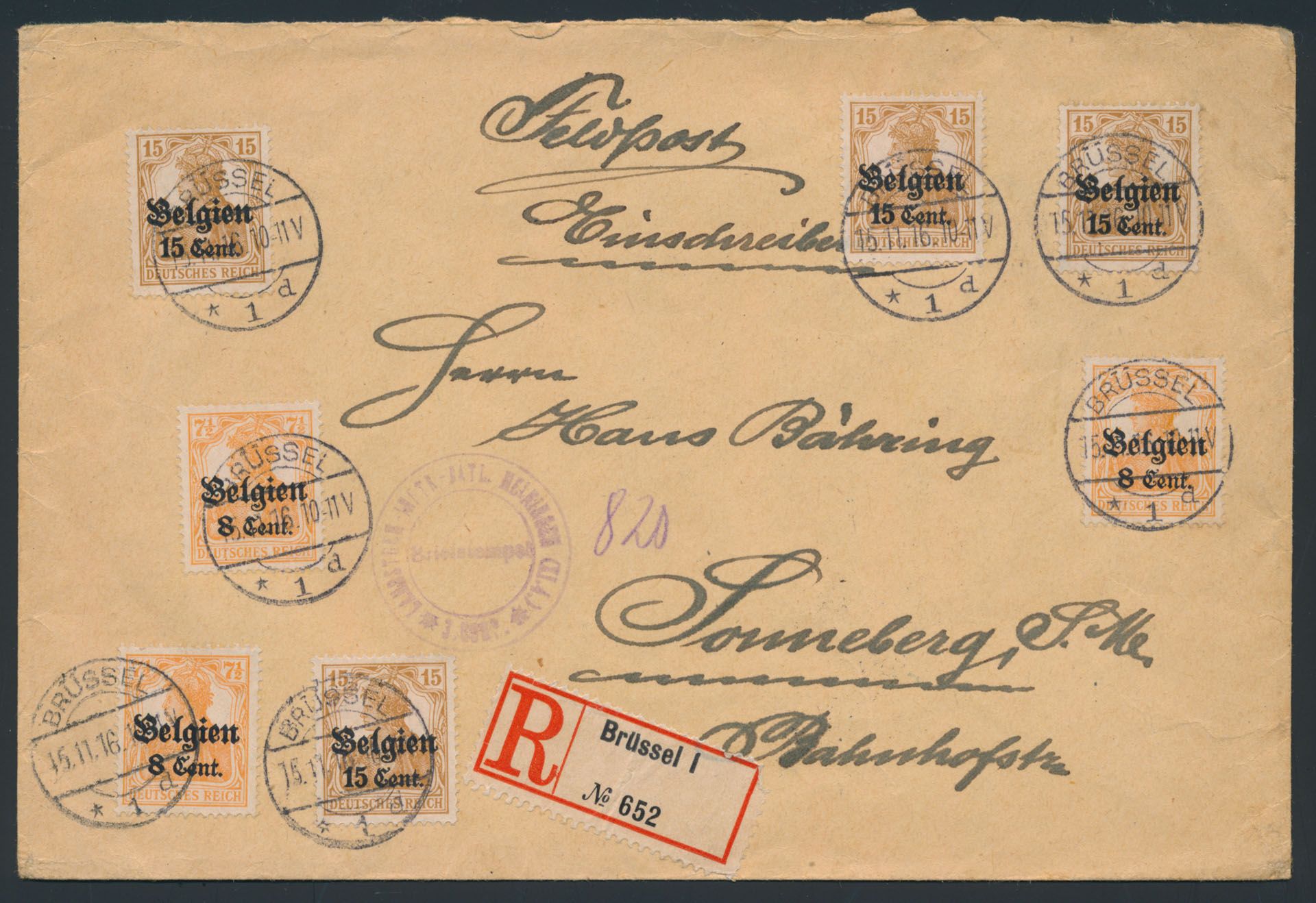 BZ 13 (3x) + 15 (4x) op aangetekend schrijven van Brussel 15/11/1916 naar Sonneberg, zm