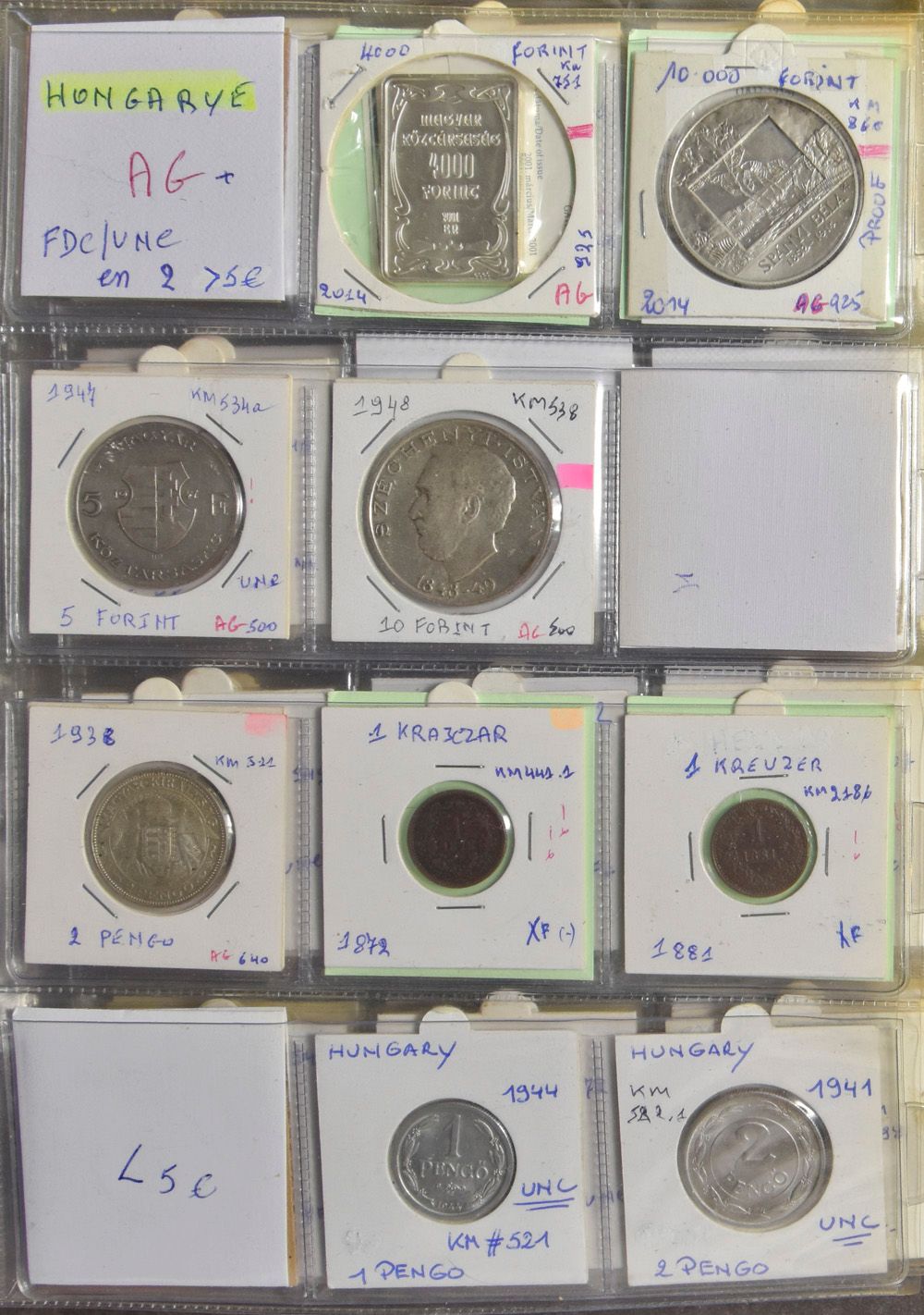 MUNTEN: Groenland, Hongarije, Ierland, IJsland en Kroatië, in album, (nettogewicht zilver: 360gr)