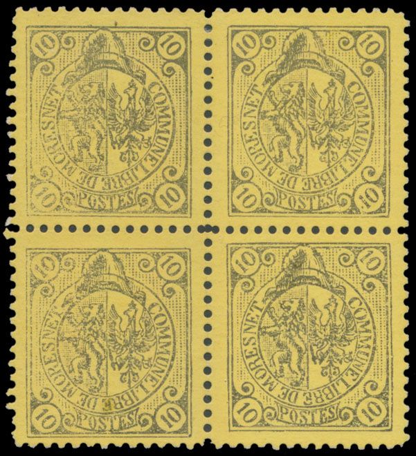 Fantasie uitgifte van J.B. Moens (6x) in blok van 4 (5x getand + 1x ongetand), zm
