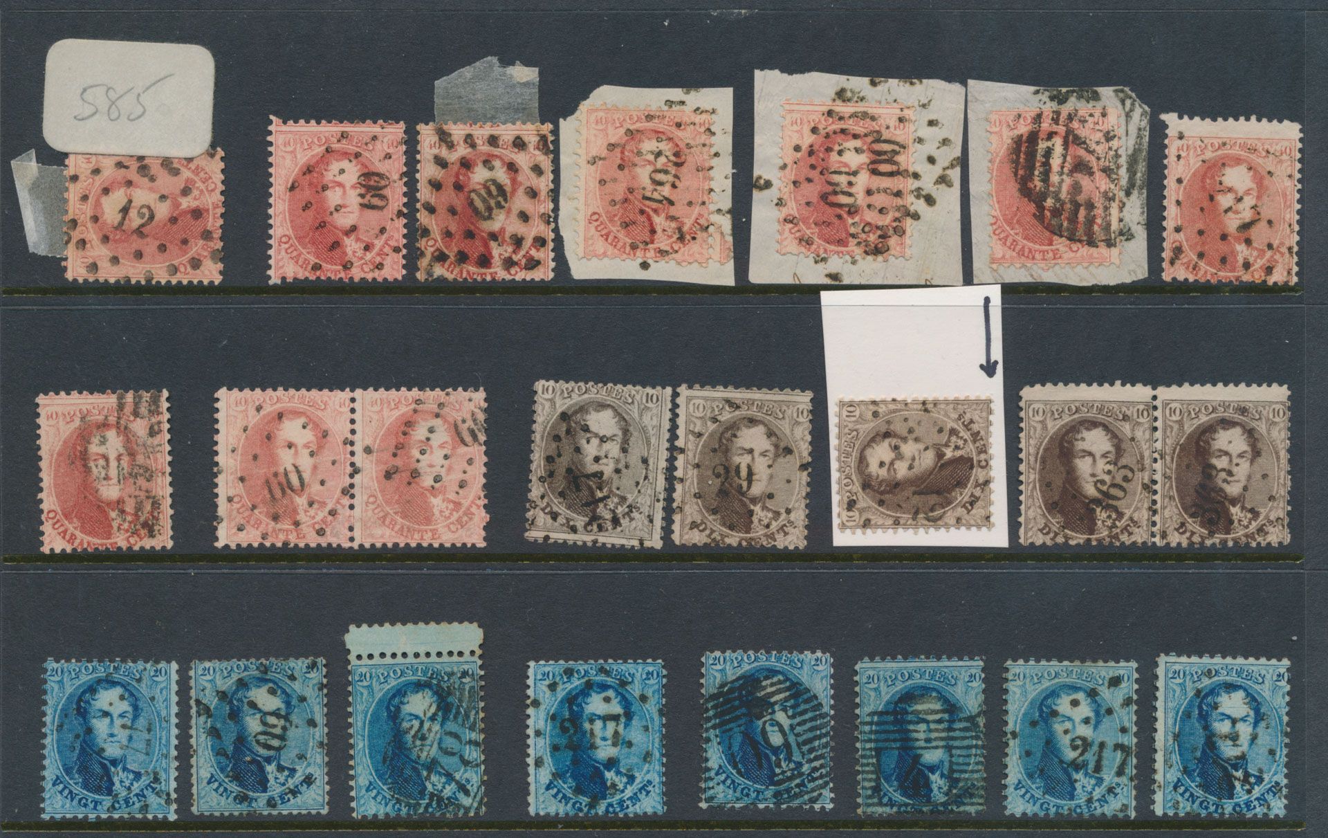 N°14 (3x et 1 paire), N°15 (8x dont 1 bordure de feuille supérieure), N°16 (8x, dont 3 sur fragment et 1 paire), Petite collection de médaillons dentelés, plusieurs griffes présentes, zm/m (OBP +€600).