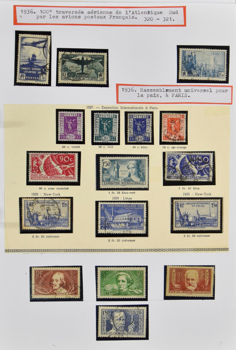 1930/1944 Verzameling in ringband met wat beter materiaal, w.o. Transatlantique, boekje Pétain, 1942 wapenschilden blokken van 4 (albumzwart, in te tellen als zonder gom), zm/m/ntz