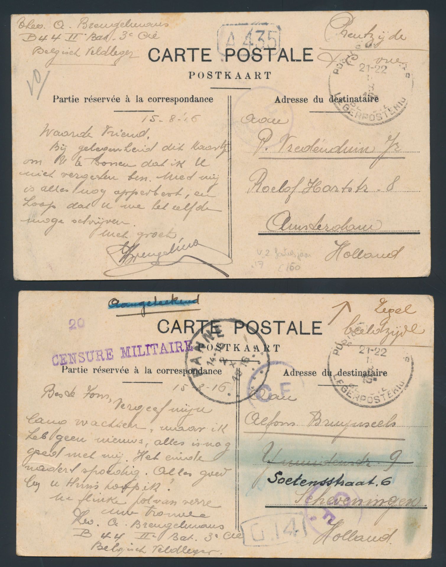 1916, 2 zichtkaarten verstuurd uit ABC/ B 44 en gefrankeerd met 10c Albert I in De Panne (2/10/16) naar Scheveningen/ Holland, met Folkestone 'C.F.' censuur en 'Censure militaire' notitie 'Aangetekend' doorstreept, zm.