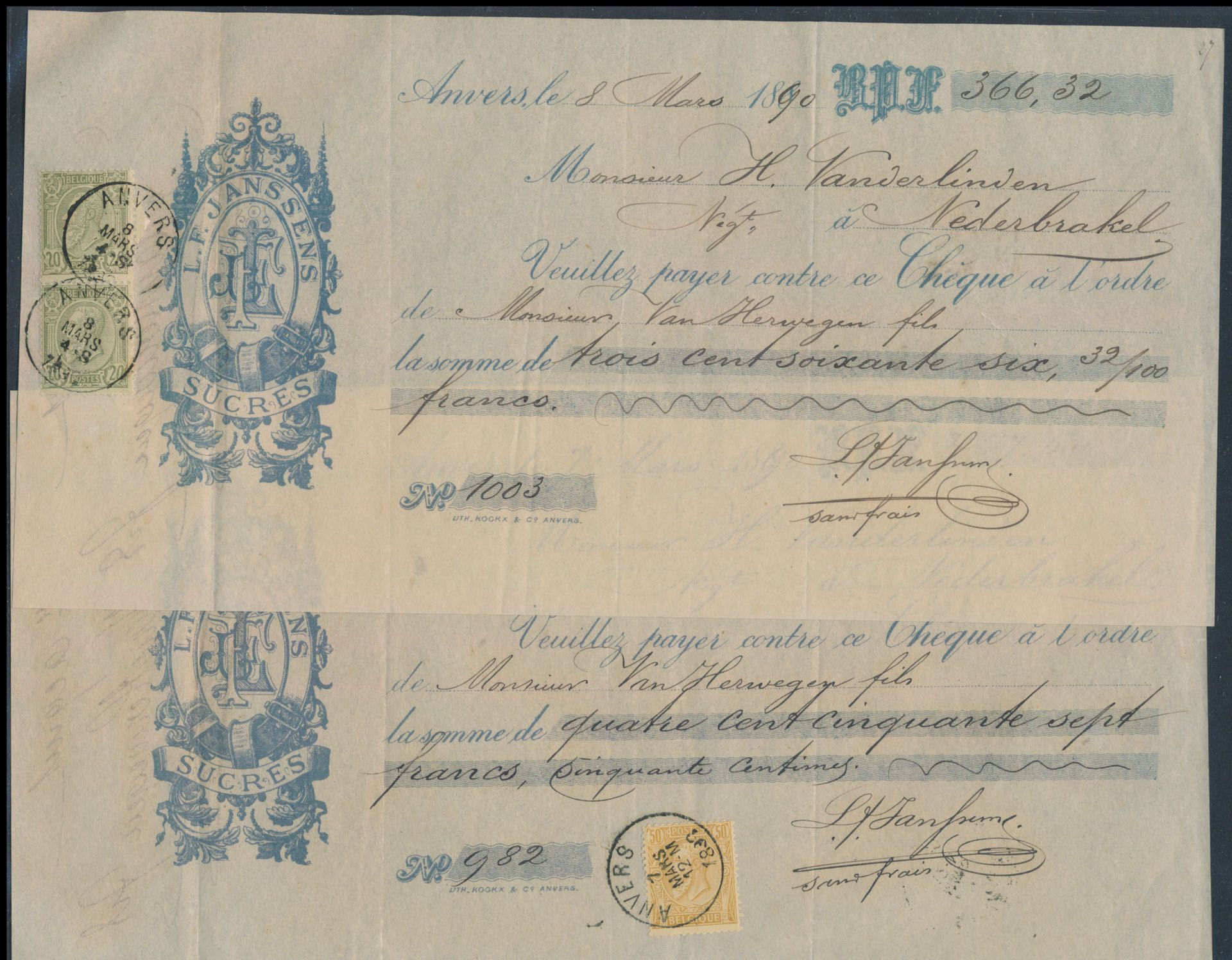 Samenstelling 12 betaalbewijzen (1889/1922), waarbij 4 gefrankeerd met perfins, zm/m 