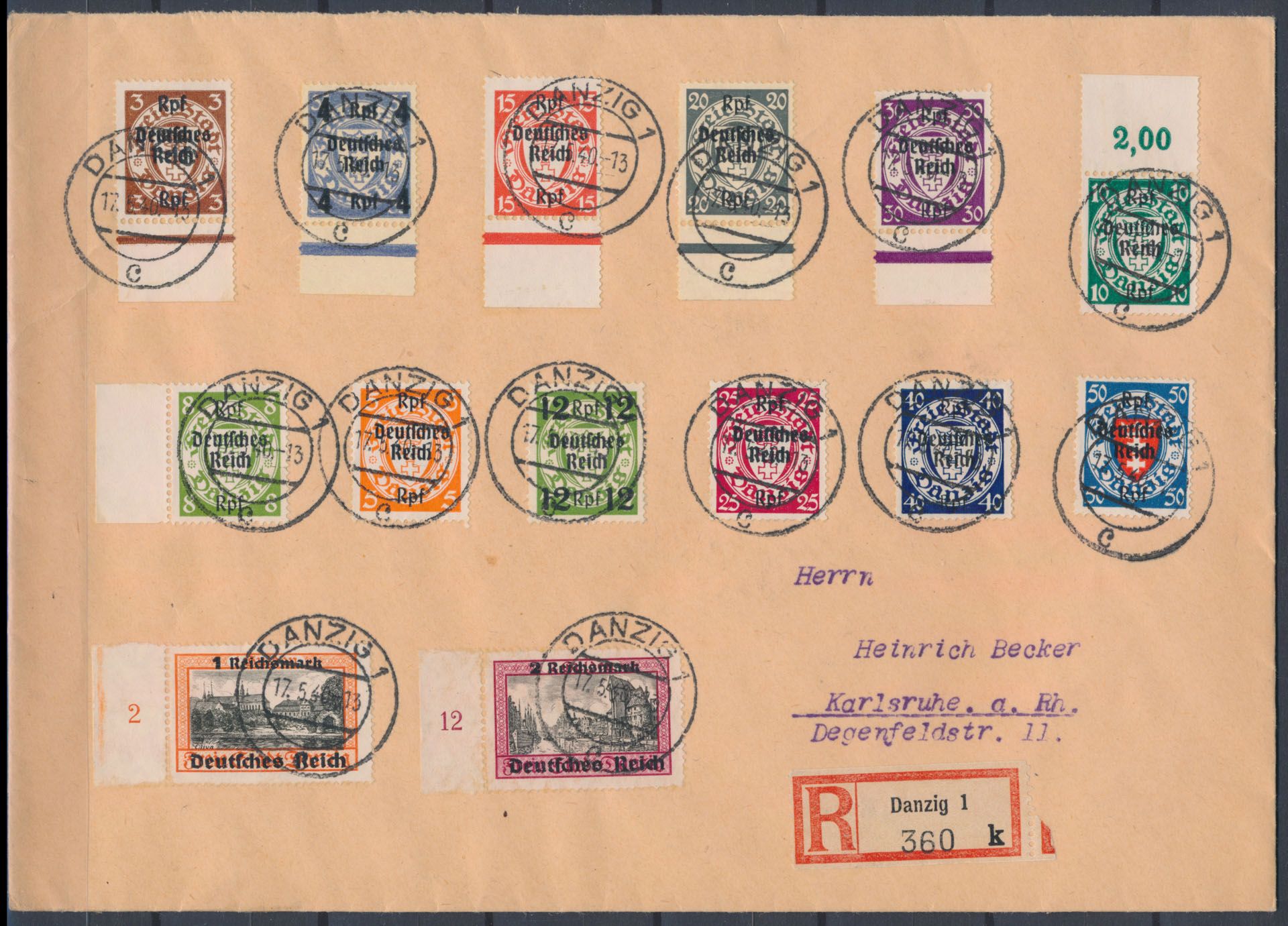 1940 Lettre recommandée grand format de Dantzig à Karlsruhe avec série complète de Mi. 716/29 imprimés sur timbres Dantzig, zm (Valeur du timbre 220 €).