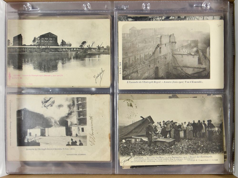 Antwerpen haven brand vd houtstapels, entrepot brand 1901, treinramp Kontich 1907, enz.. (84 stuks)