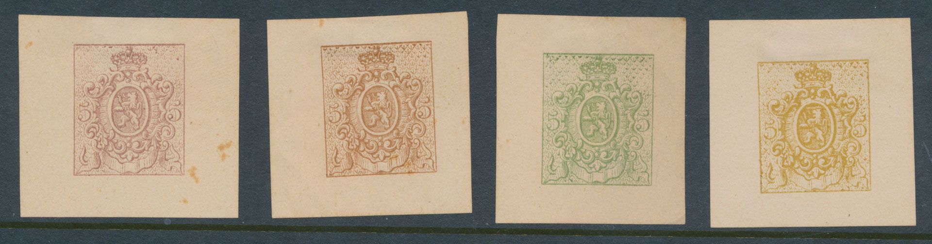 Type STES 1284, 4 privéherdrukken door Moens (1870), gebaseerd op originele matrijs van Dargent uit tekening van Delpierre, niet aangenomen ontwerpen, in karmijnbruin, lichtbruin, geel en groen van 