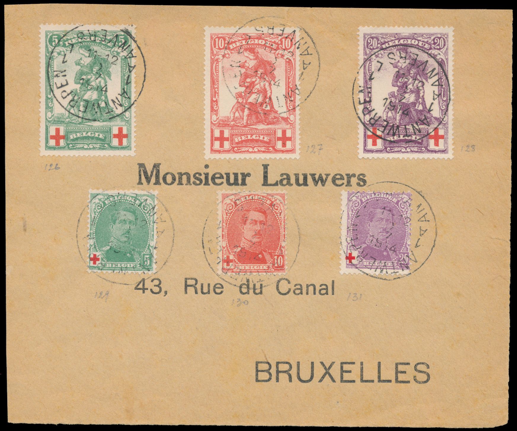 N° 126/128 (vervalste zegels) en 129/131 op brief vanuit Anvers, met afstempeling 