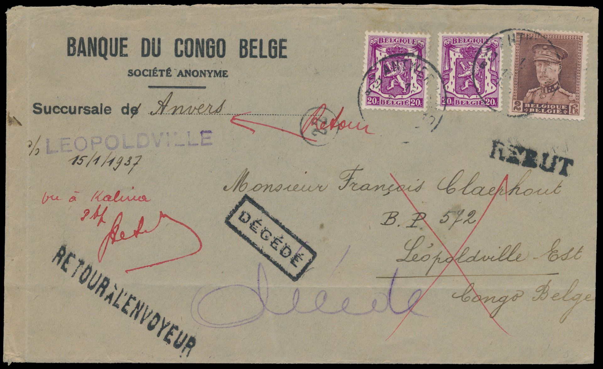 1937 Nos. 321 and 422 (2x) on cover from (Banque du Congo Belge), sent from Antwerp, cancelled 