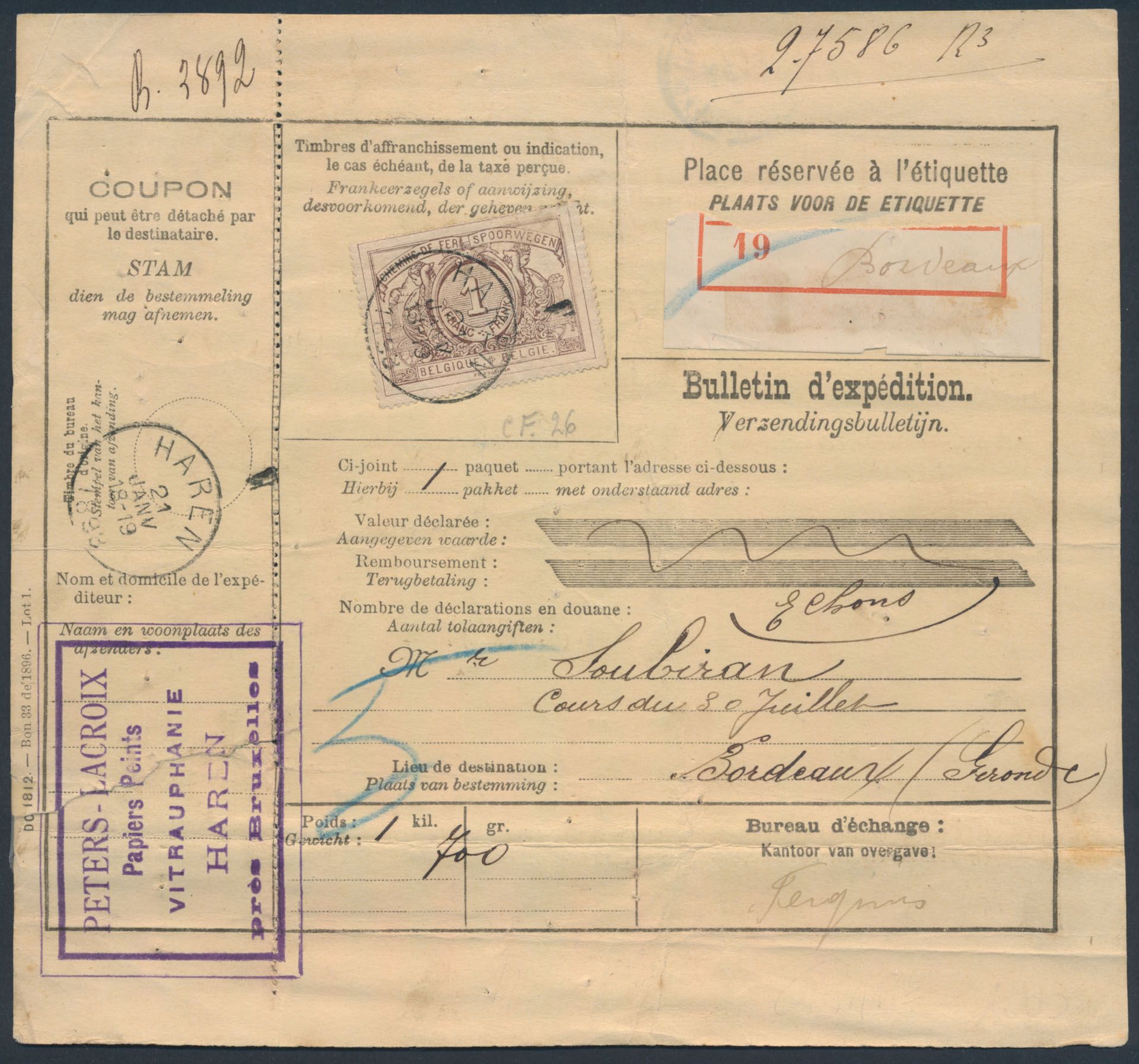 1898 Verzendingsbulletijn, tweetalig (Frans-Nederlands) gefrankeerd met TR26, afstempeling Haren, dd. 21 januari 1898, naar Bordeaux (Frankrijk), zm