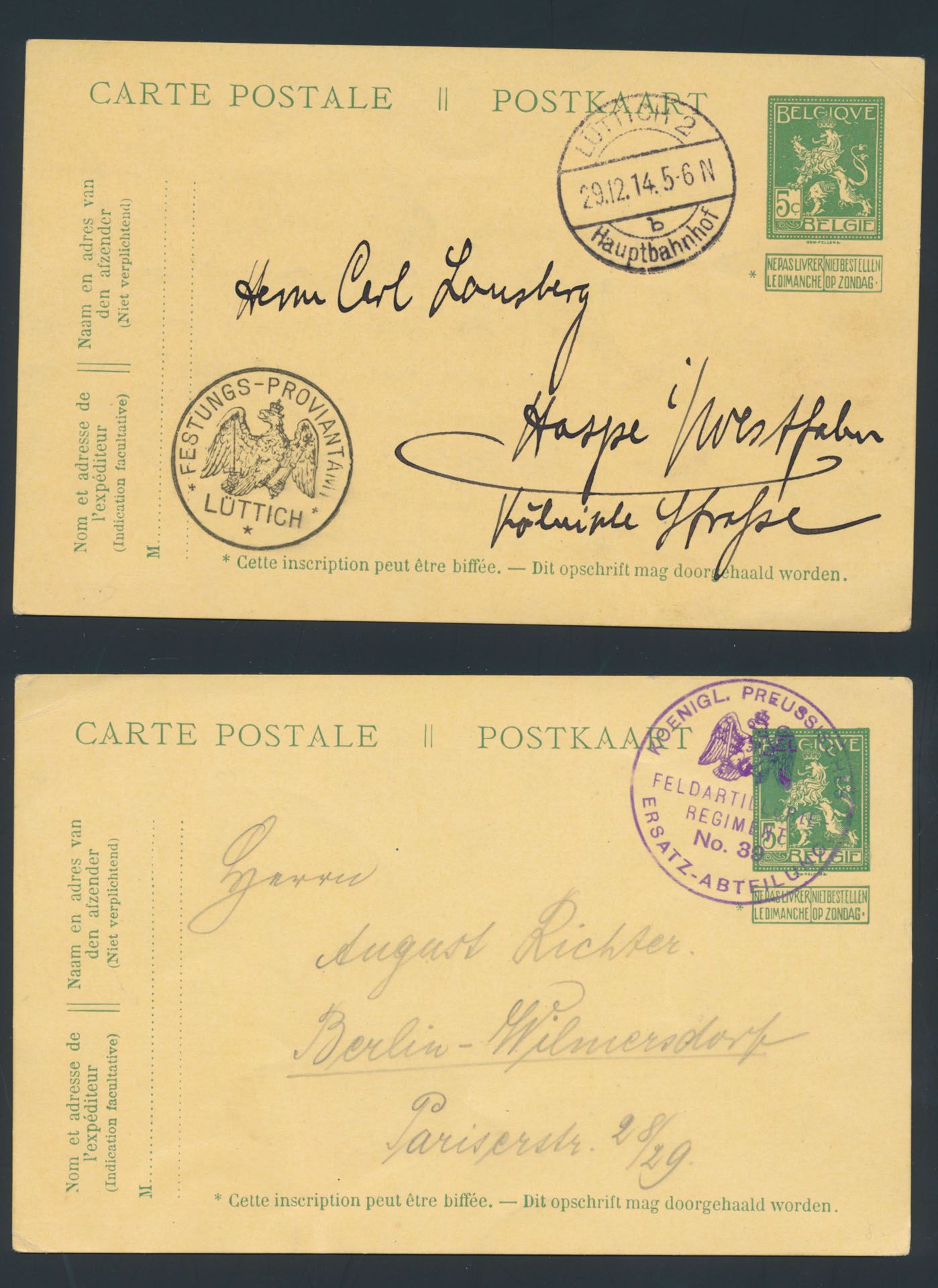 1914, 2 Belgische PWST, gebruikt door Duitse soldaten als feldpostkaarten, verstuurd uit Luik en ??? naar Duitsland, zm/m