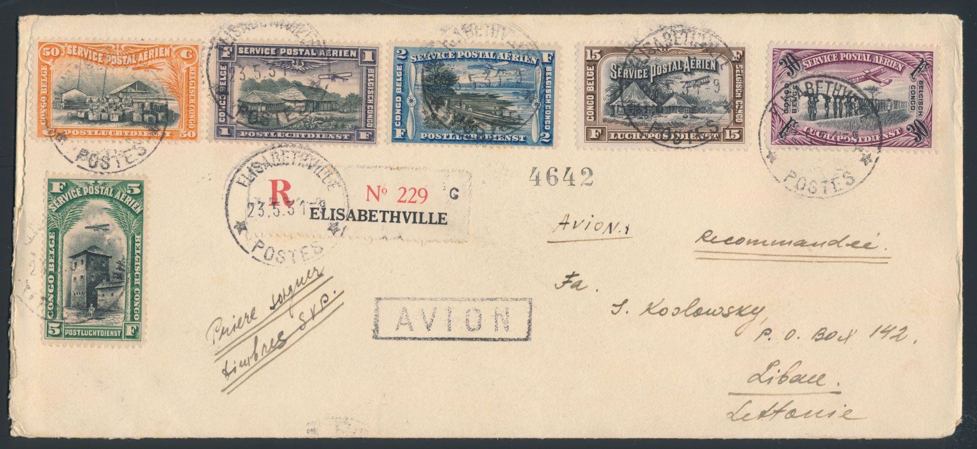 1931, Airmail registered cover sent from Elisabethville Belgian Congoon 25 May 1931 to Liepaya / Lettonia, franked by Vloors, Leys and Stanley issues on reverse, on front PA 1 to PA 6, framed AVION mark, uncommon and scarce destination, vf