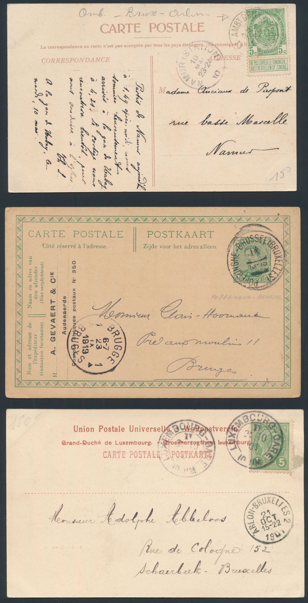 Verzameling +/- 75 ambulante stempels op documenten (brieven en pwst), op verschillende emissies (vanaf fijne baard tot 1940), ook enkele documenten op buitenlandse documenten, zm/m