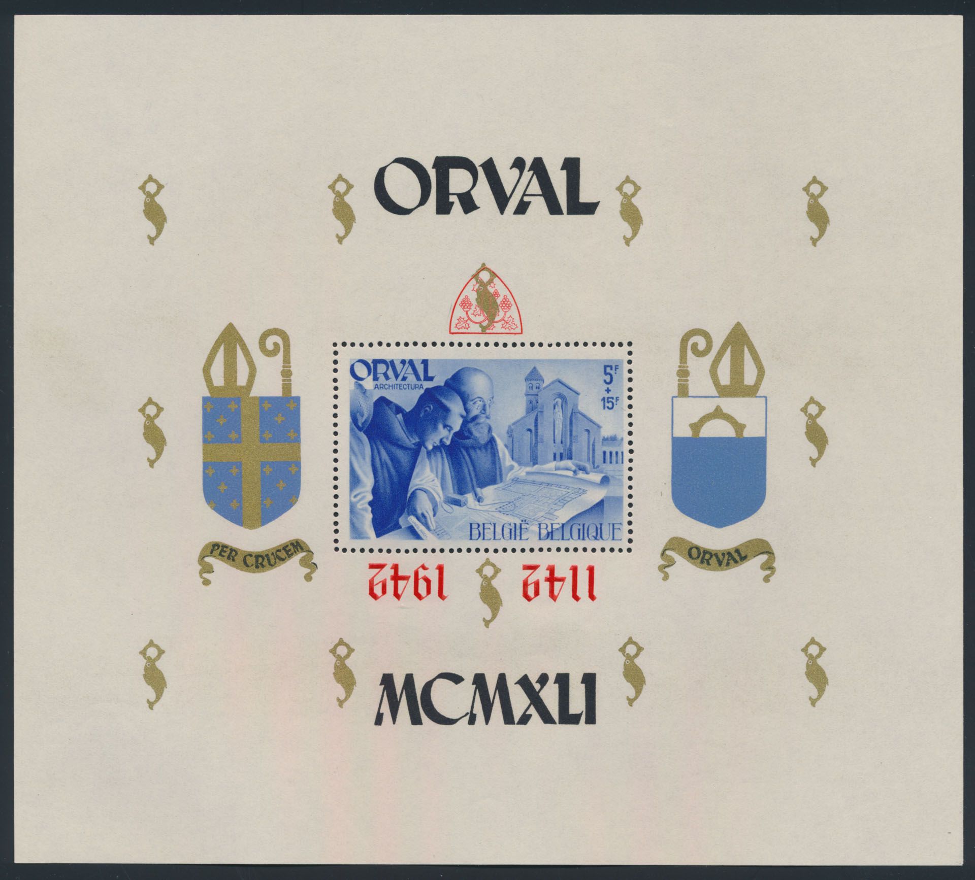BL 22-Cu, English numerals, perforated, NOT numbered, with inverted red overprint (shield and 1142 1942), vf (OBP ++€120)
