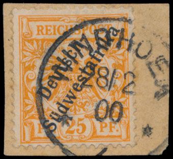 Deutsch Südwestafrika N° 9 '1899, 25 Pf oranje' op klein fragment, stempel Windhoek 28/2 00, zm (Mi € 500)