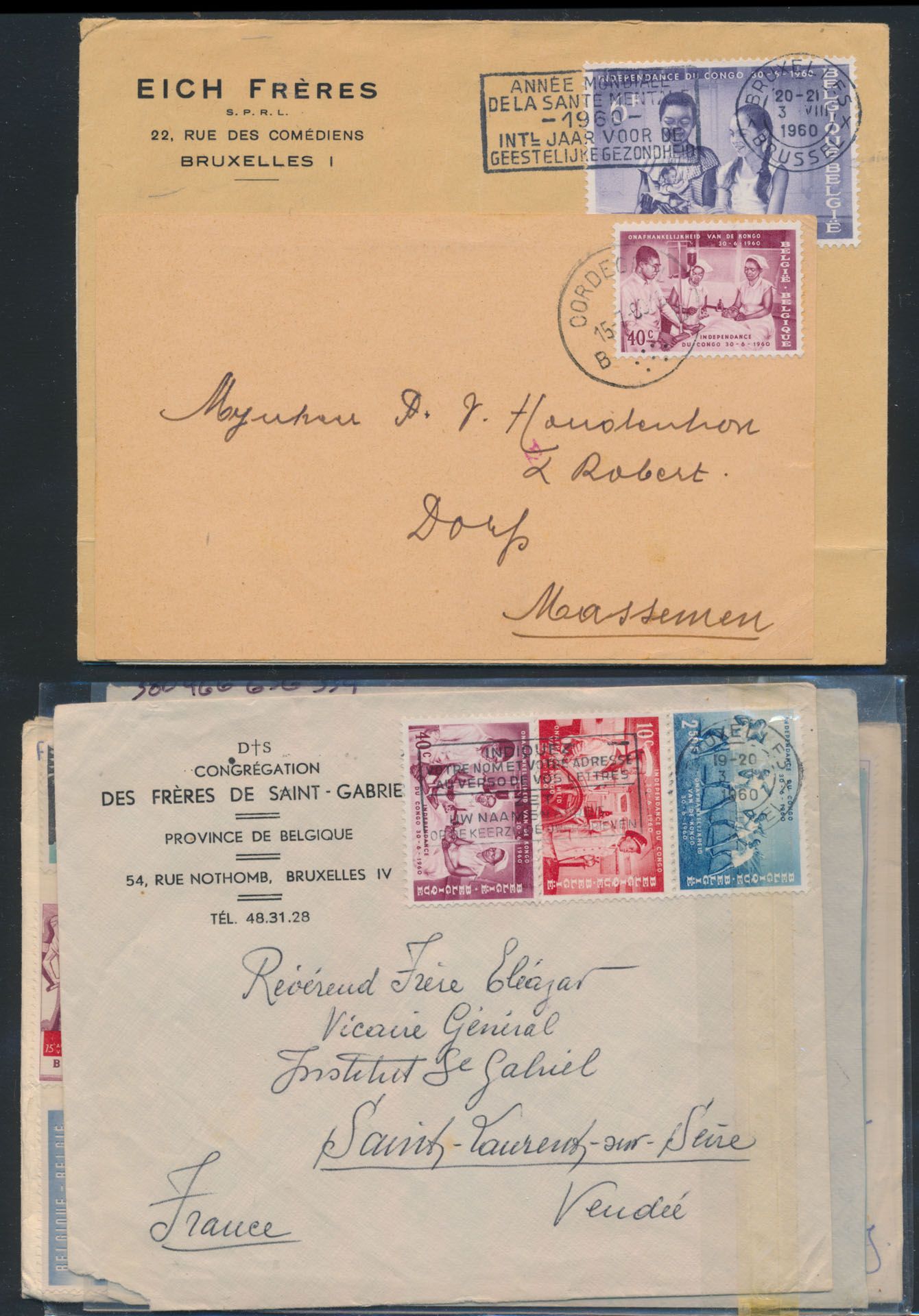 1960, onafhankelijkheid van Belgisch-Congo, 11 brieven gefrankeerd met deze uitgave, verstuurd uit Cordegem, Brussel, Antwerpen, Luik, Brugge naar USA, UK, Frankrijk, Zwitserland, en België, een aangetekende brief, zm/m