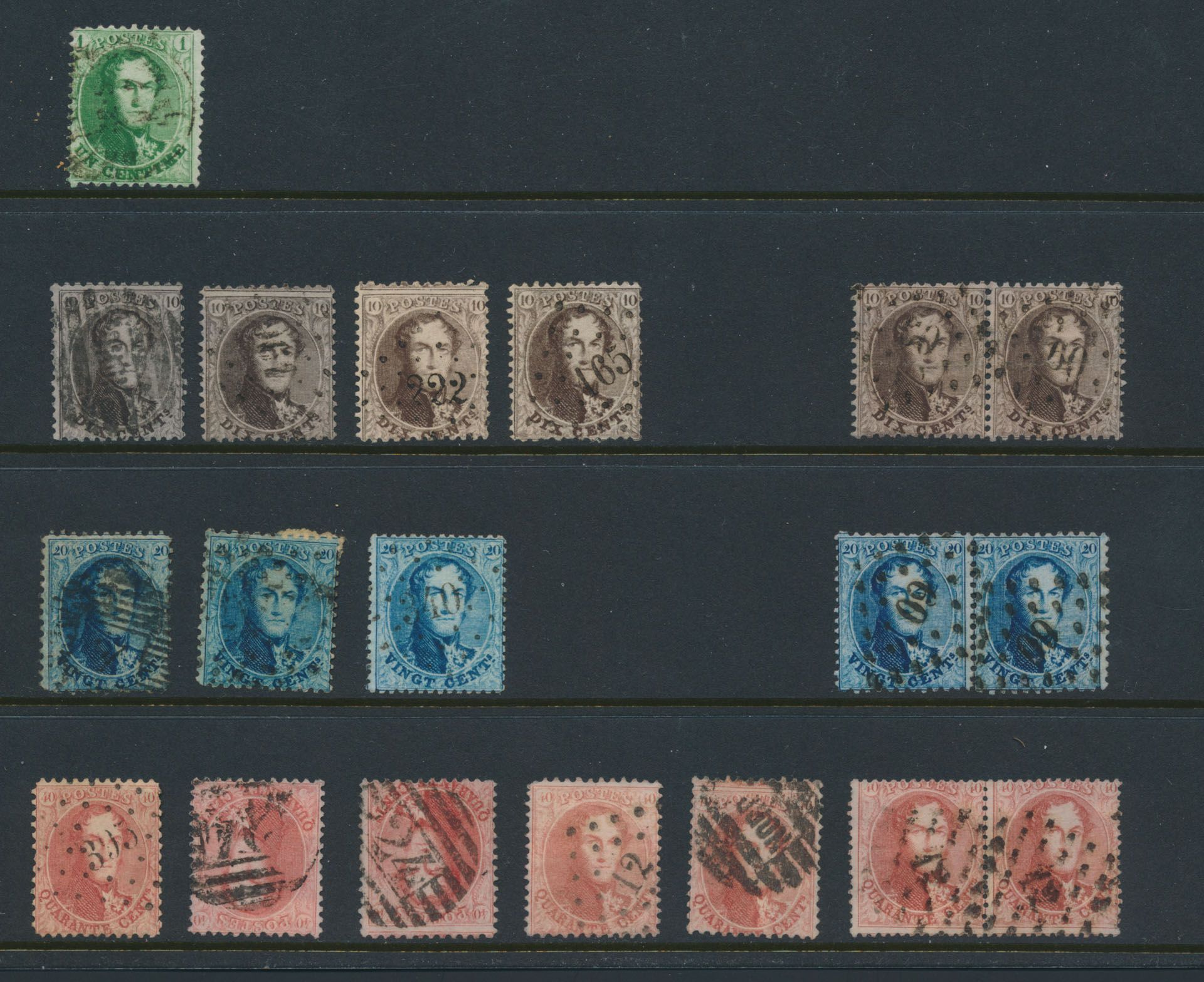 Nos 13 (1x), 14 (4x et 1 paire), 15 (3x et 1 paire), 16 (5x et 1 paire), Collection de médaillons dentelés avec cachets à barres et à points, teintes, griffes et taches multiples, curiosités, taches sur le verso, zm/ntz (Haute valeur catalogue).
