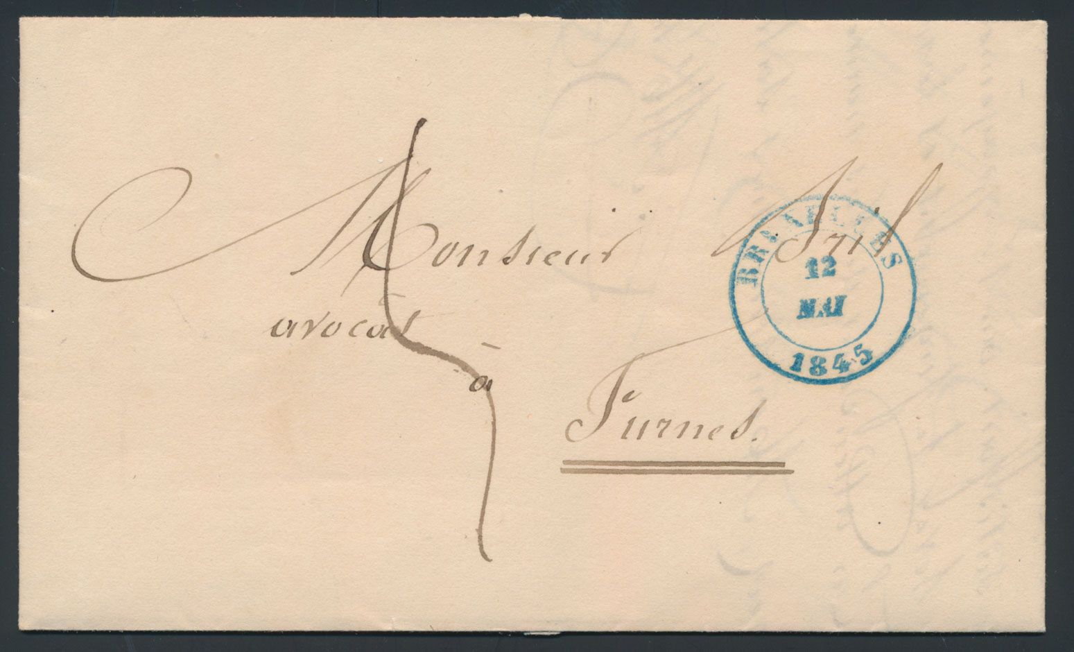 1845, voorloper met inhoud, vanuit Bruxelles, dd. 12 mei 1945, naar Furnes (Veurne), met port van 5 decimen, zm