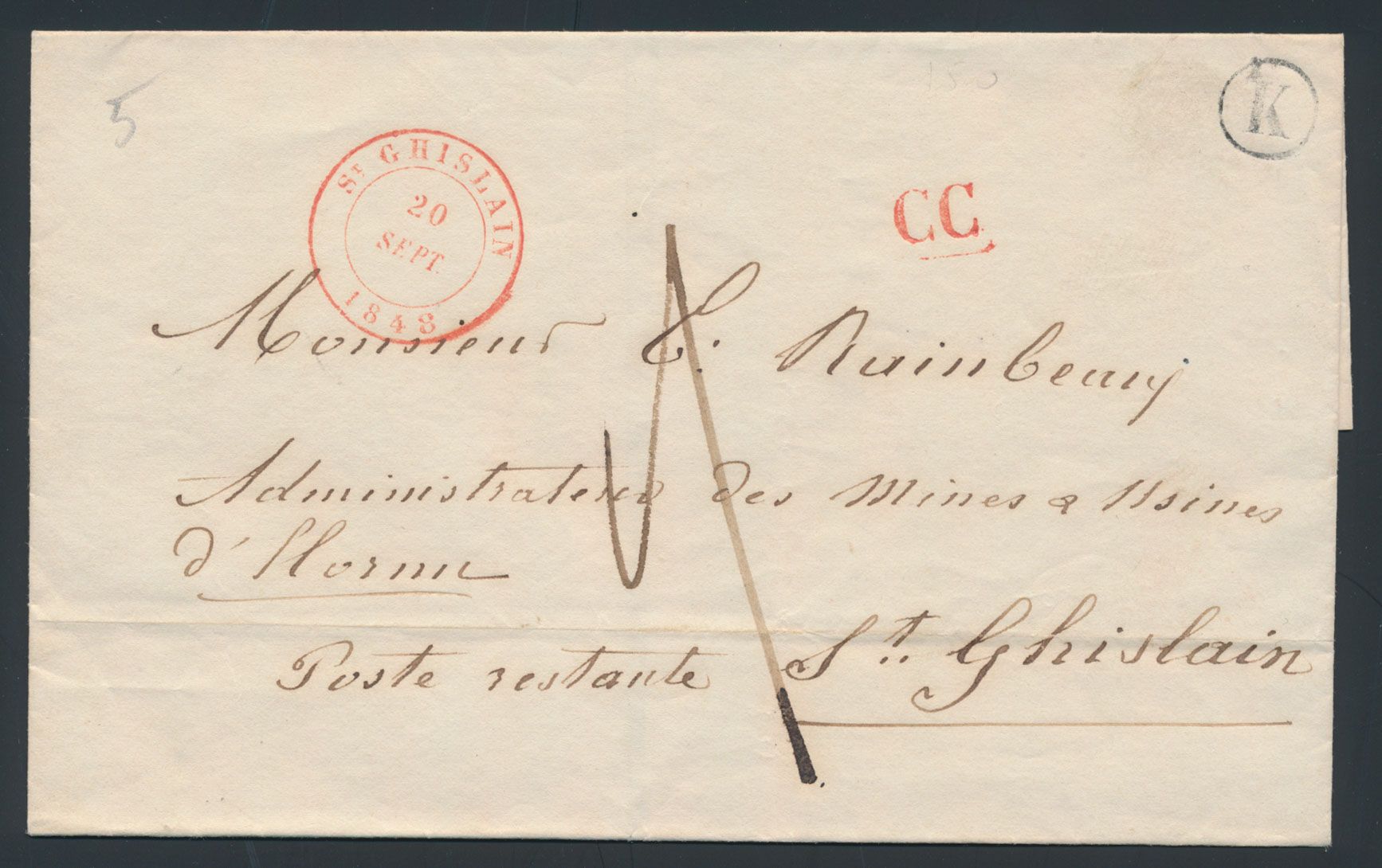 1848, voorloper zonder inhoud, vanuit St. Ghislain (Type 16, rood, niet beschreven in Herlant), dd. 20 september 1848, met postbusstempel 