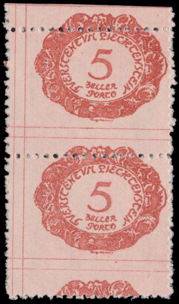 Strafport N° 1 '1920 5h rood' (paar) met spectaculaire misperforatie, zeldzaam als paar, met certificaat, zm.
