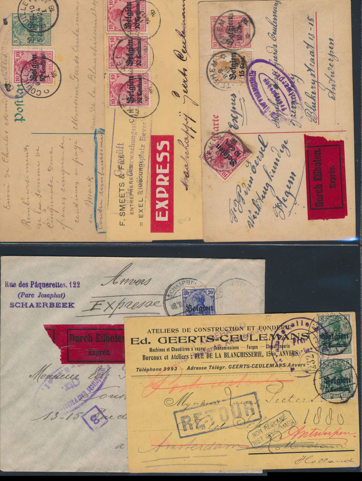 1916, 5 stukken (1 brief, 2 postkaarten en 2 PWST), 3 met express/spoedbestelling, 1 met nachname/remboursement, 1 et 