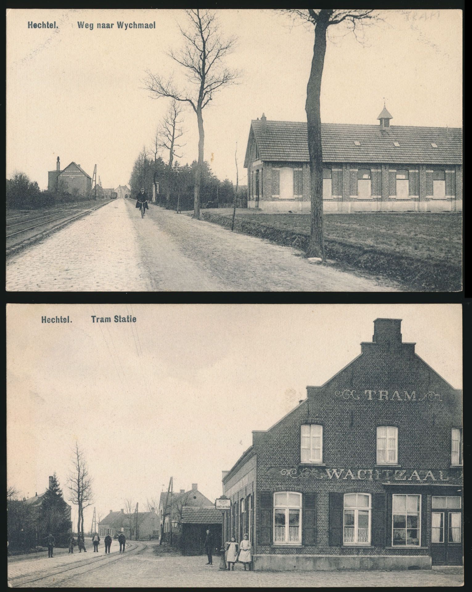Provincie Limburg, Hechtel, waarvan 1 stoomtram op achtergrond en 3 stations (4 stuks)