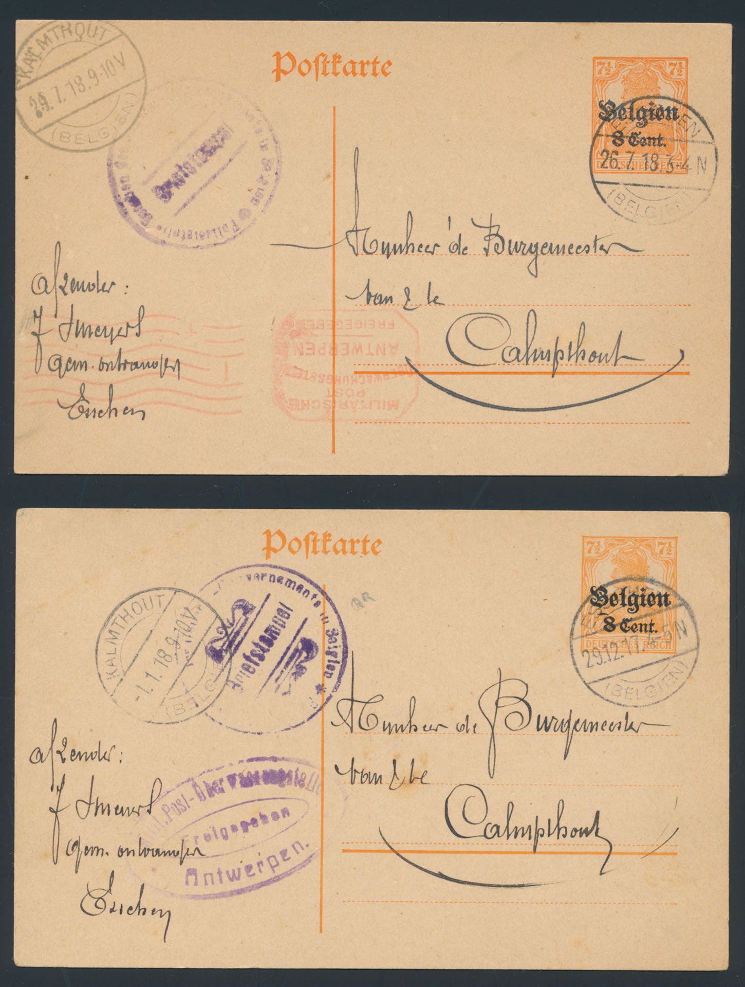1918, 2 postwaardestukken verstuurd uit Esschen naar Kalmthout (aankomststempel) met censuren, zm.