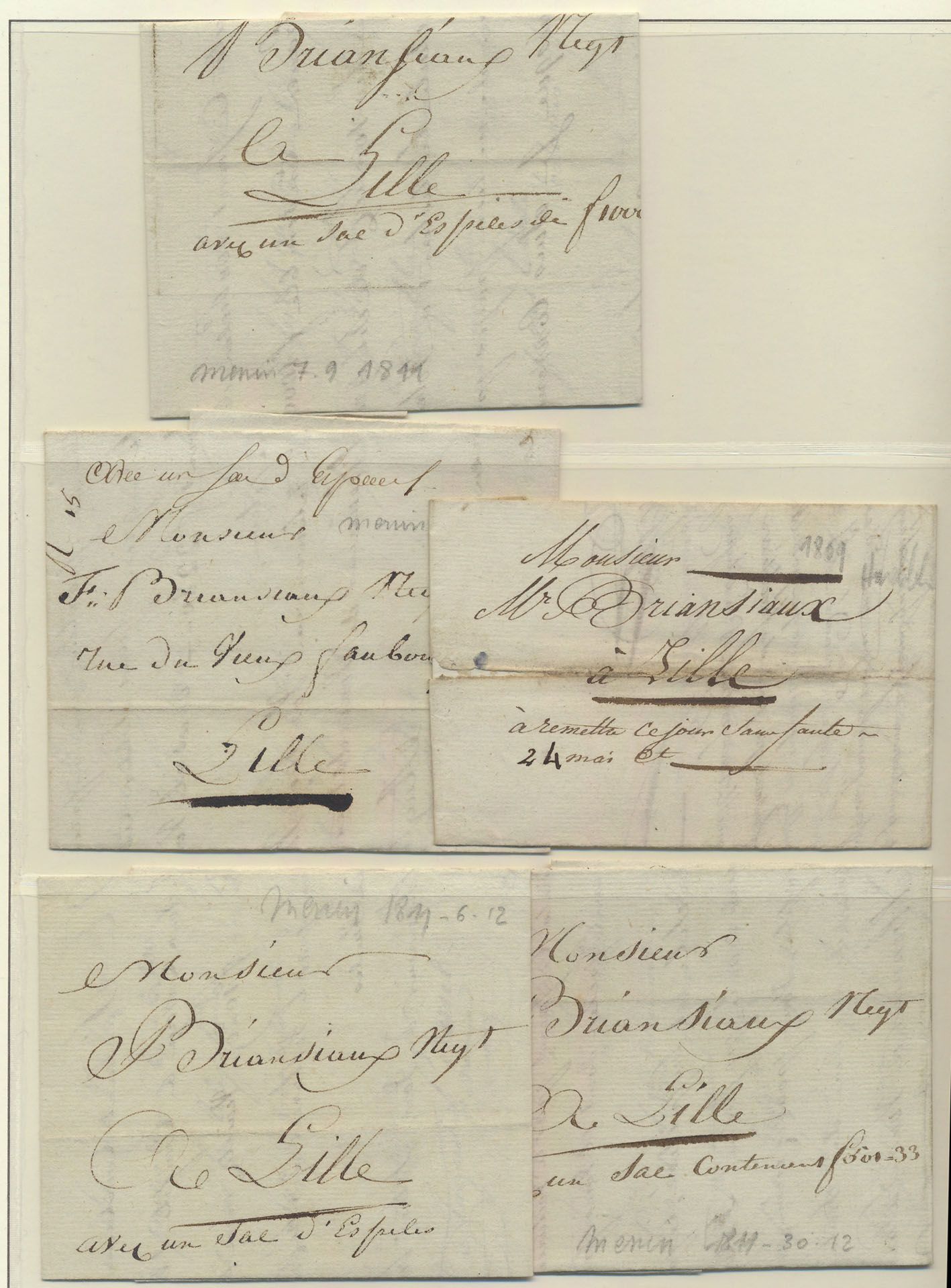 1809/1813 Lot von 5 Botenbriefen mit Inhalt von schön nach Lille, einwandfrei 