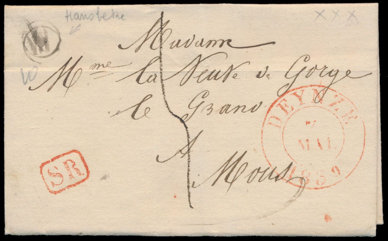 1839, voorloper zonder inhoud, maar info (Hansbeke - 6 mai 1839) op de rand, afgestempeld Deynze (Herlant 9), met postbusstempel 