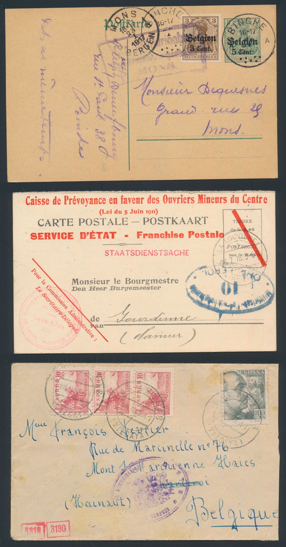 Kleine verzameling W.O. I van de stad Charleroi, 16 exemplaren waarvan de meeste de aankomststempel Charleroi zijn, ook een brief uit Spanje, bijna allemaal met censuur stempel, zm/m