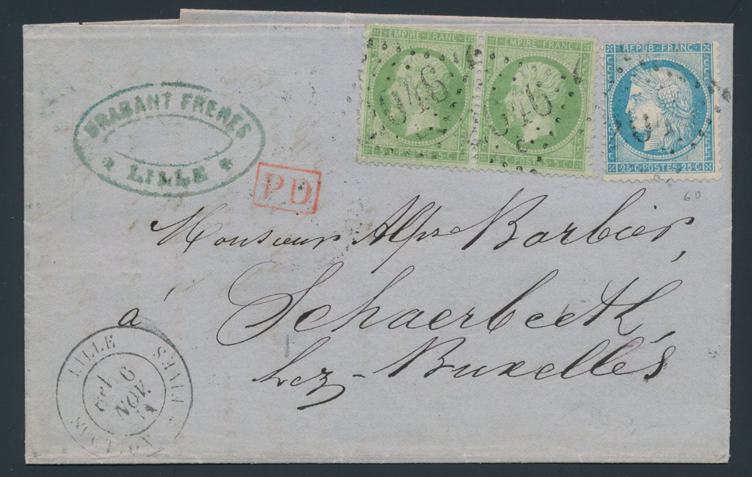 1871, mooie brief van Lille naar Schaerbeek,  met N° 29 (2x) en 60, zm.