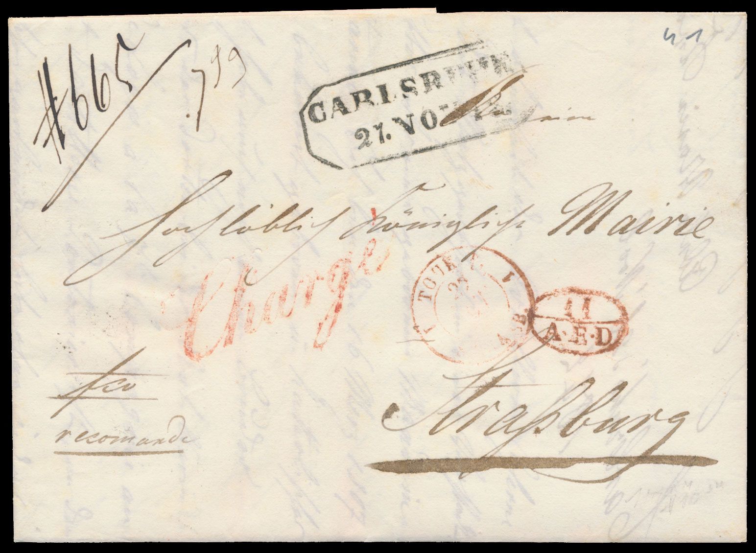 1842, voorloper met inhoud, vanuit Carlsruhe (Duitsland) met 8-hoekige stempel, dd. 27 november 1842, naar Strassburg (Frankrijk), manuscript 