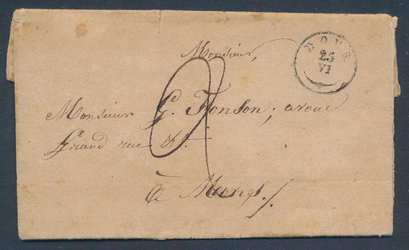 1849 Voorloper met inhoud, verstuurd uit Dour (type 18) 25/5/1849 naar Mons 25/5/1849, zm/m