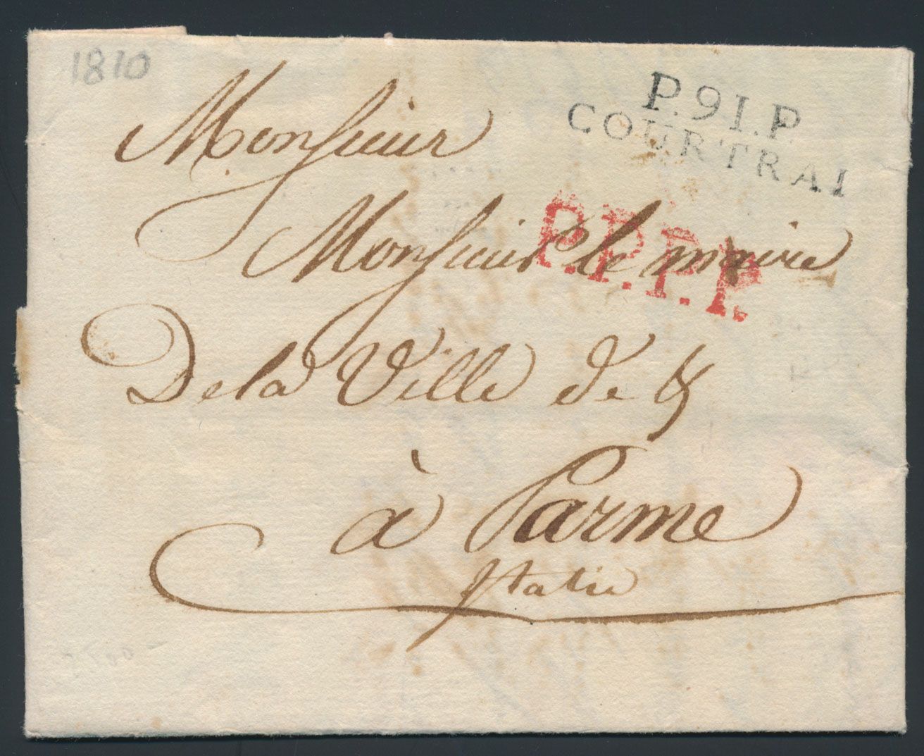 1810, Vorläufer mit Inhalt, aus Kortrijk P91P Courtrai (Herlant 42), vom 16. April 1810, nach Parme (Parma Italien), Brief hat den amtlichen Briefkopf der Stadt Meulebeke, Stempel 
