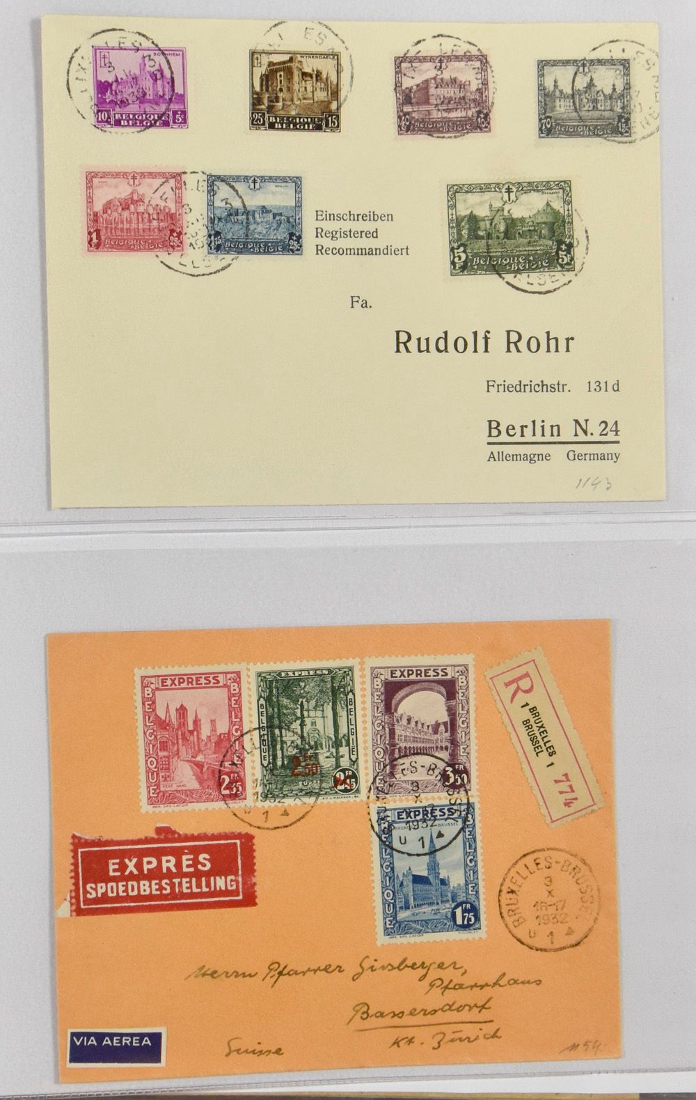 1930/1952 Samenstelling 20 brieven in ringmap, w.o. filatelistische stukken, ongetand, veel met uitgifte 447/54, zm/m