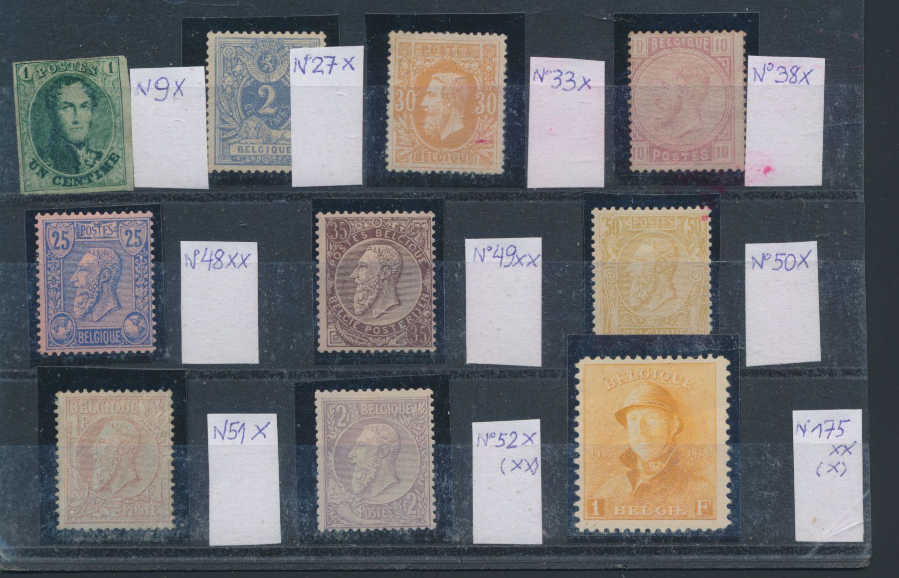 Kleine samenstelling van 10 zegels tussen N° 9 en 175, w.o. N° 51 (roest), ntz.
