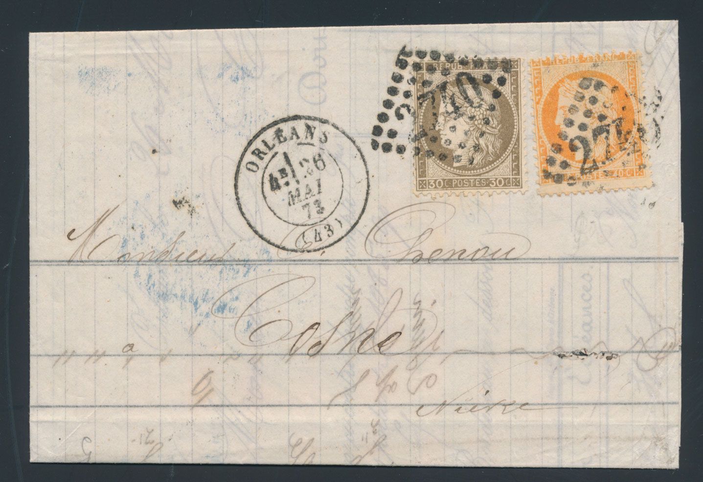 1873, brief van Orléans naar Cosne, gefrankeerd met N° 38 en 56, zm.