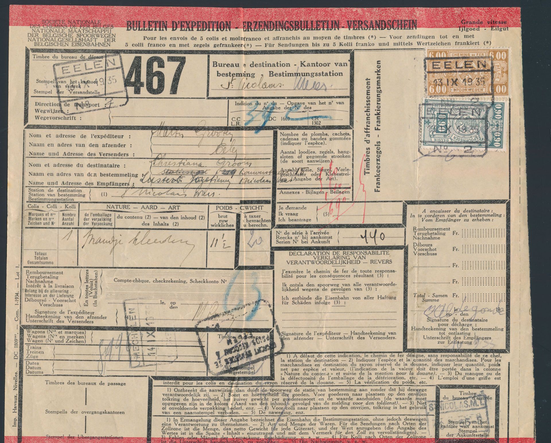 1935, samenstelling 154 vrachtbrieven 'Grande- en petite vitesse' w.o. betere afstempelingen o.a. Angleur (voyageurs), Contich- village, Hemixem, Luythagen, Puers, Wilrijk, overwegend naar Mechelen- Terneuzen (St. Nicolas MT), zm/m.